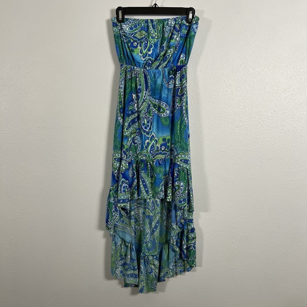 Cristina Love‎ Blue Green Paisley Strapless High-Low Maxi Dress Womens XL